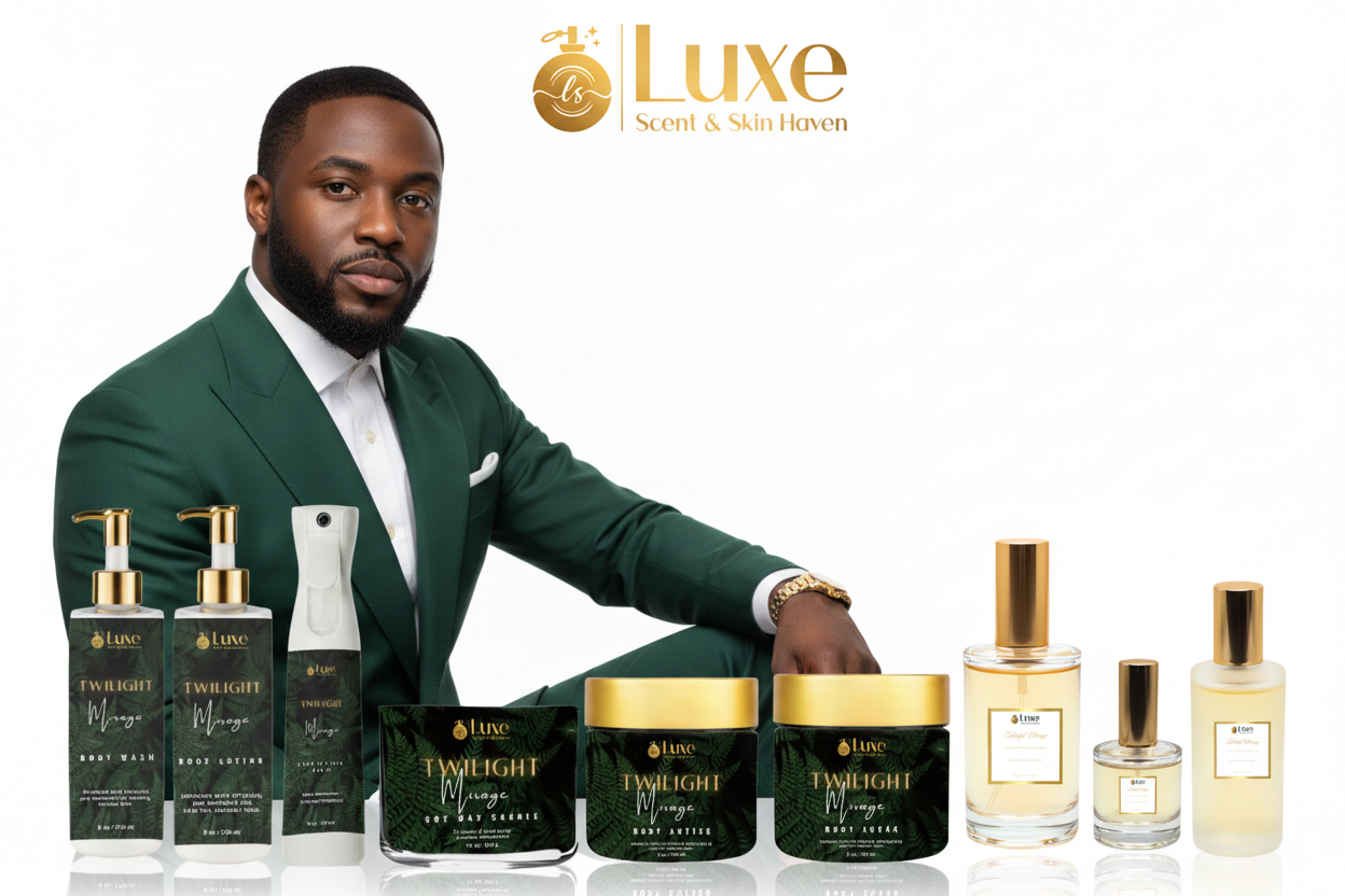 Twilight Mirage — 9-Piece Lineup, Black Male Model Seated Left